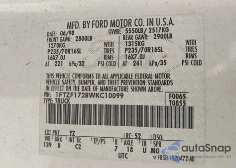 1998 Ford F-150 Standard/Xl/Xlt from USA, damaged, VIN 1FTZF1728WKC10099